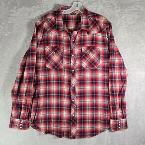 Salt Valley Western Pearl Snap Flannel Shirt Mens L Large Red White Plaid Cowboy